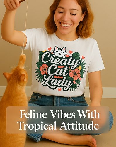 🐾 Tropical vibes meet feline love! 🌺 The Creaty Cat Lady Tee is the perfect blend of trendy fashion and cat mom pride. Featur...