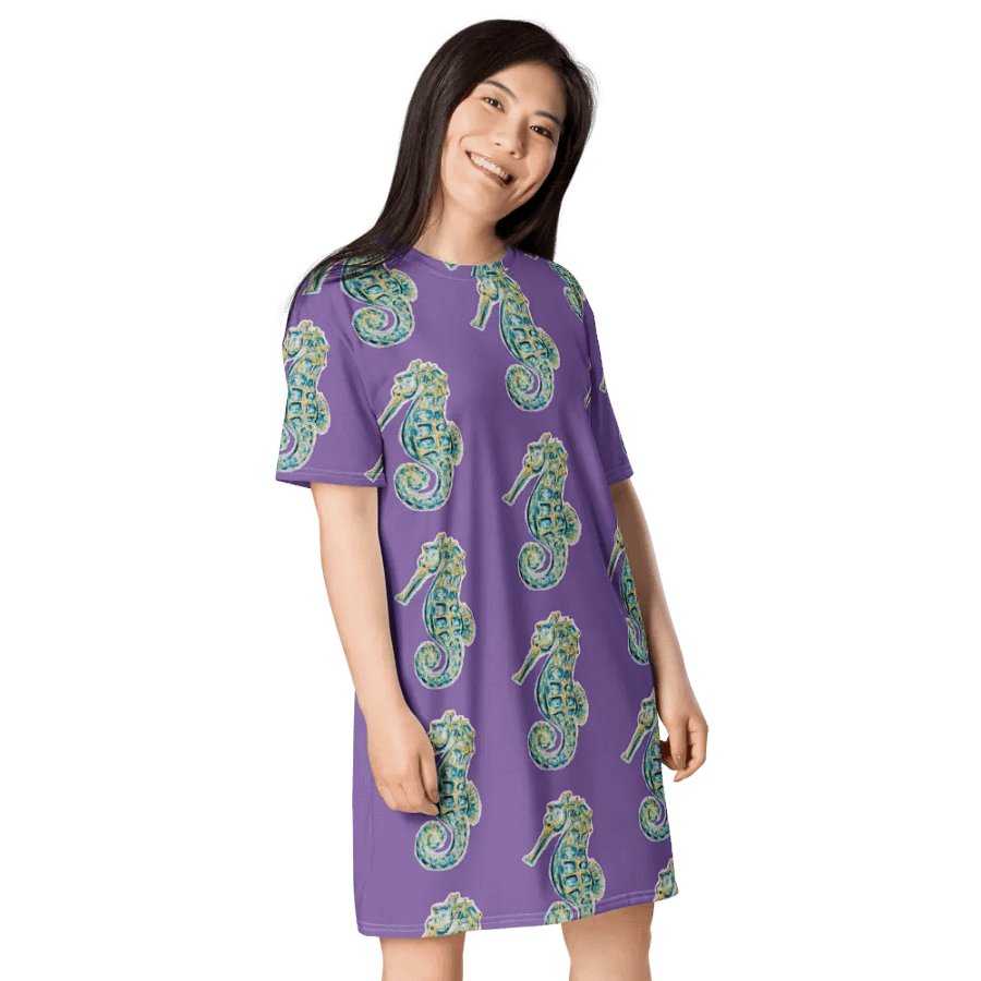 Women's | Ocean Majesty | Painted Seahorse | T-Shirt Dress | Coastal Oversized Dress | Ocean-Inspired Casual Style | Ce Soir Background product image (4)