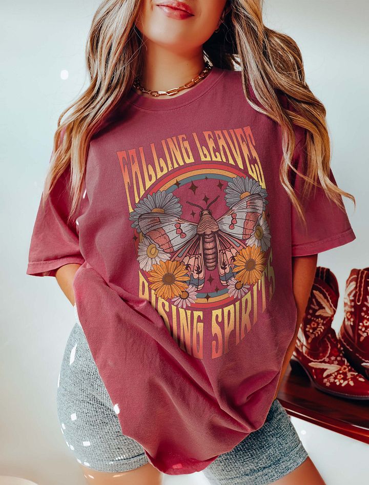 Falling Leaves Rising Spirits Moth and Flowers T-Shirt | Motivational Fall and Thanksgiving T-Shirt Design product image (5)