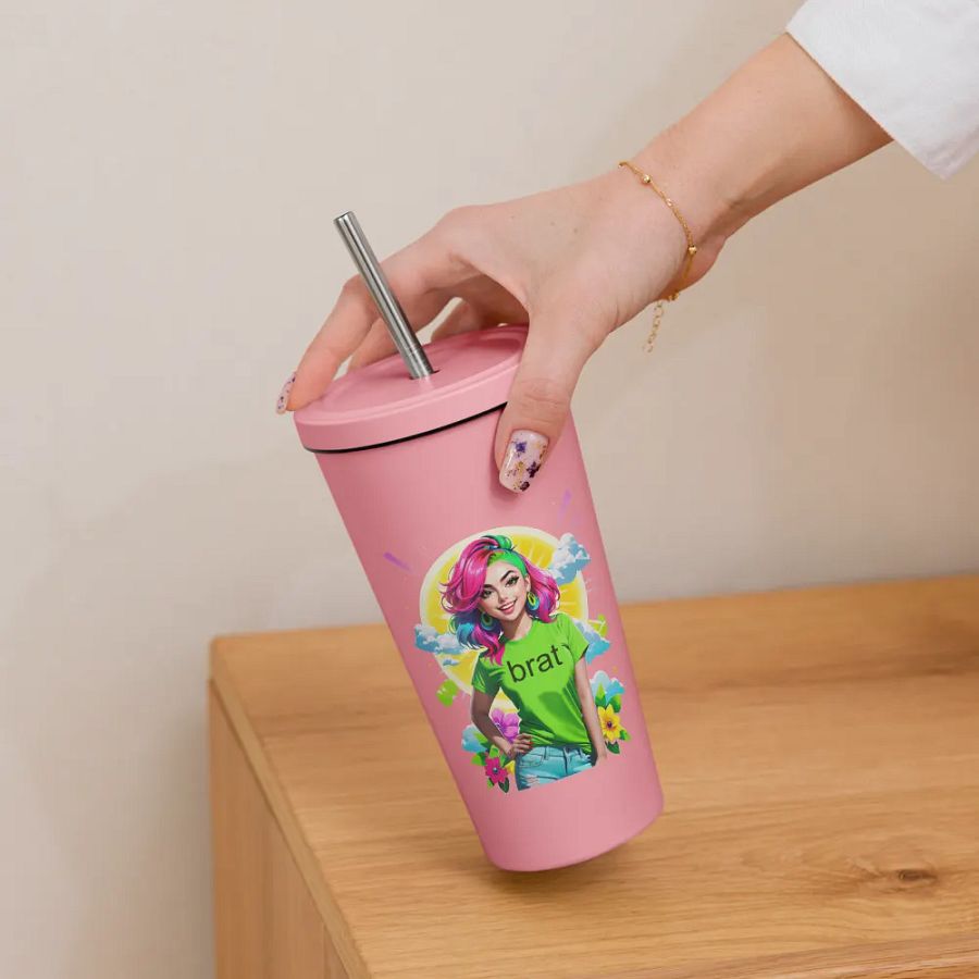 Brat 20 oz Tumbler Cup - Pink - Insulated Tumbler with a Straw v5 product image (6)