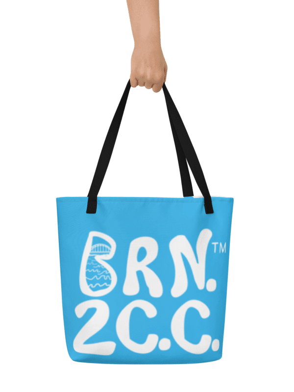 BRN.2C.C.™ | Large Tote Bag with Pocket | Coastal Classic | All-Over Logo Print | White Logo on Deep Sky Blue product image (1)