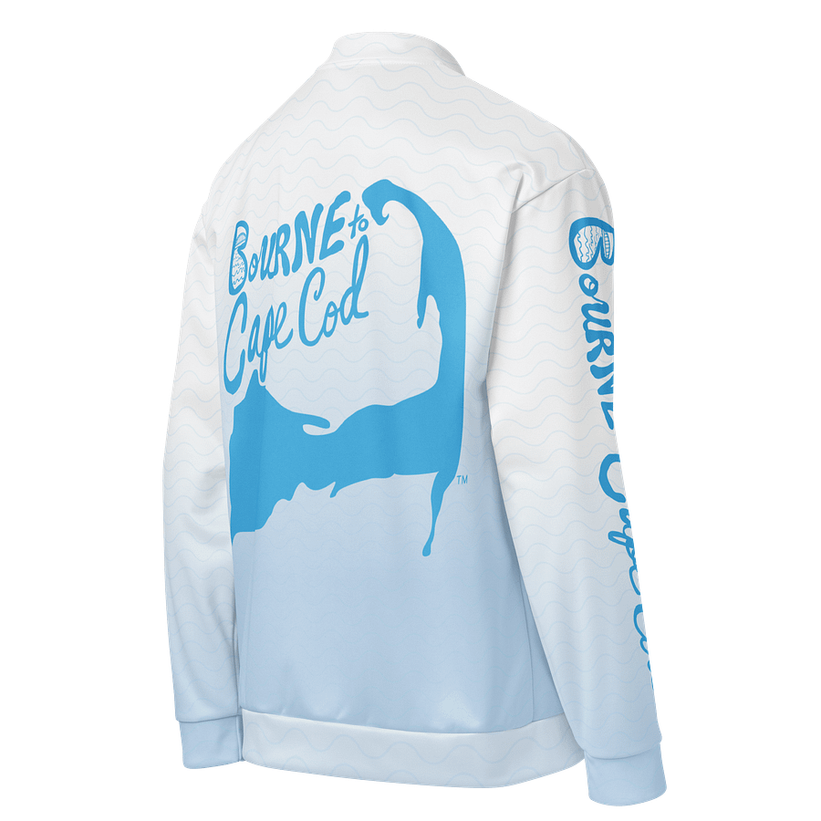All-Over Print Bomber Jacket | Coastal Cool, City Bold | BOURNE to Cape Cod™ + BRN.2C.C.™ Style | Deep Sky Blue Logos on Blue & White Ombre product image (4)