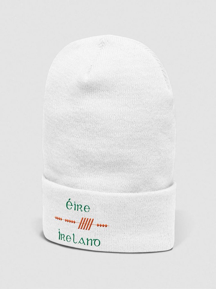 Ireland/Éire Scholastic style Ogham, White with Green and Orange, embroidered Cuffed Beanie product image (2)