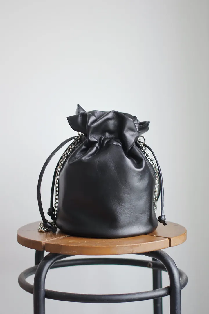 Soft Leather Drawstring Bucket Bag - Black product image (1)