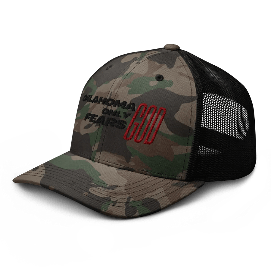 'OKLAHOMA ONLY FEARS GOD' snapback Camo Trucker Hat product image (6)