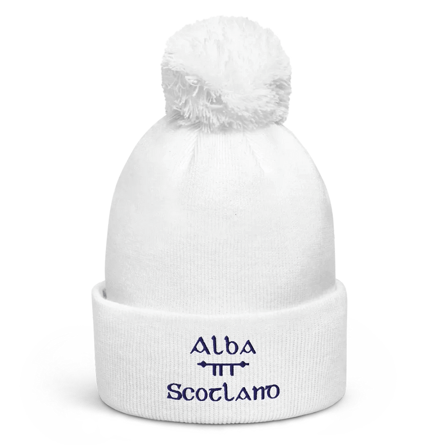 Scotland/Alba Scholastic style Ogham, white with navy, embroidered Pom-Pom Beanie product image (1)