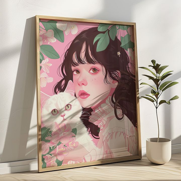 Girl with White Cat Portrait Coquette Art Print product image (17)
