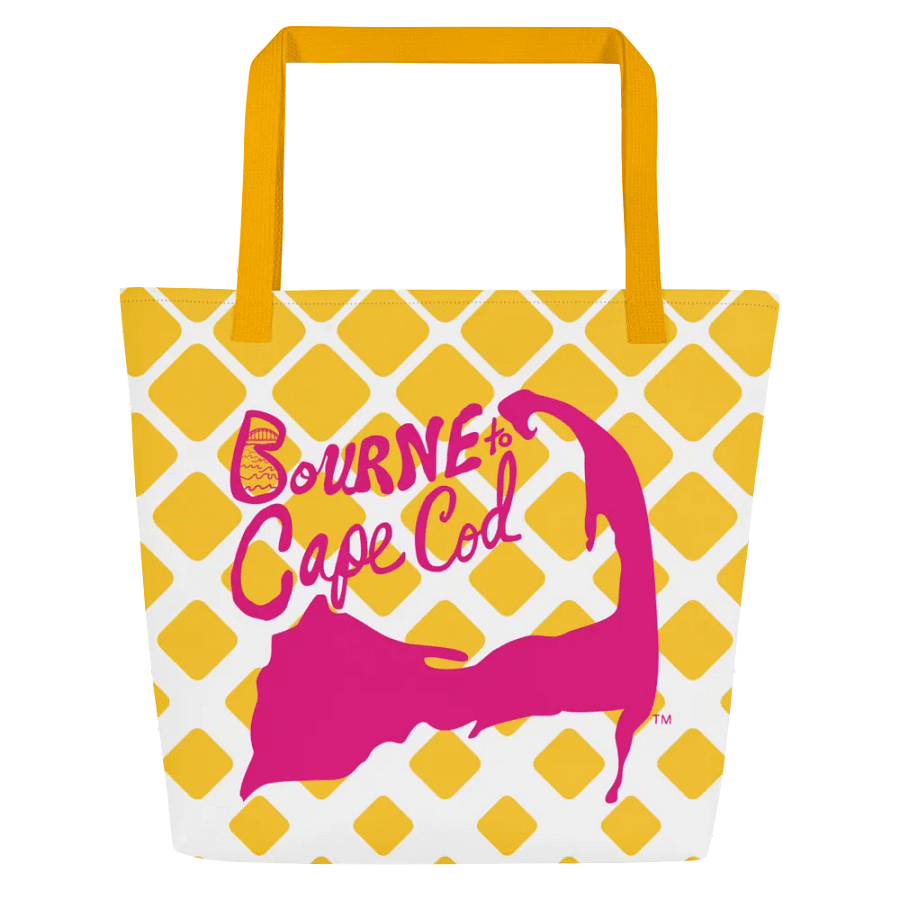 BOURNE to Cape Cod™ | Large Tote Bag with Pocket | Coastal Classic | All-Over Logo Print | Pink Logo | Retro Mod Yellow Diamond product image (4)