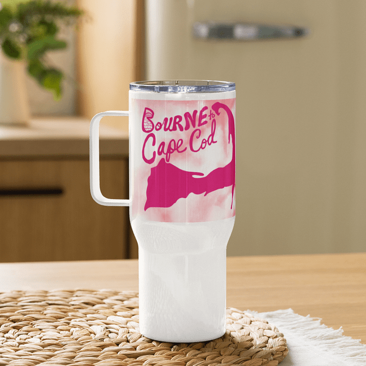 BOURNE to Cape Cod™ | Allcolor 267 | Stainless Steel Travel Mug with Handle | Insulated, Spill-Proof, Coastal Adventure Style | Pink Logo on Pink Tie-Dye product image (1)