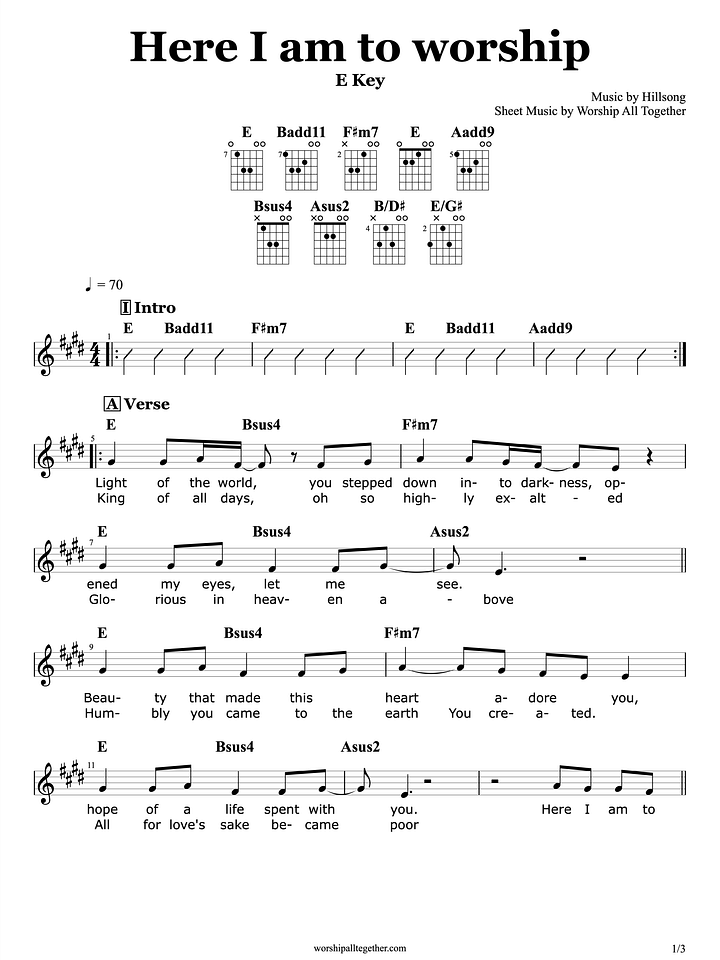 Here I Am To Worship - Hillsong Live | Sheet Music, Chord, Lyrics product image (1)