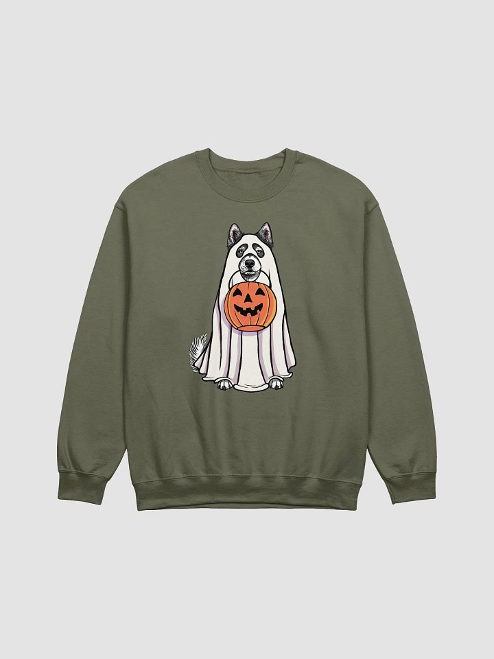 Funny Halloween Alaskan Malamute(Black) Sweatshirt | Funny Dog Wearing a Ghost Costume and Holding a Pumpkin Basket product image (1)
