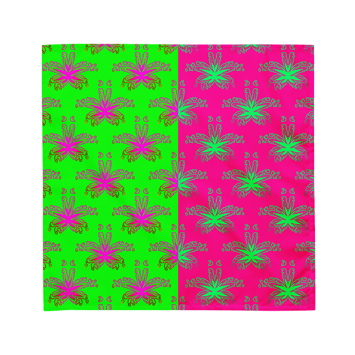Neon Green Pink Cannabis Twisted Budz Bandana, 420 Art Summertime Stoner Style Fashion, Weird Weed Leaf Pattern All-Over Print Odd Accessory product image (1)