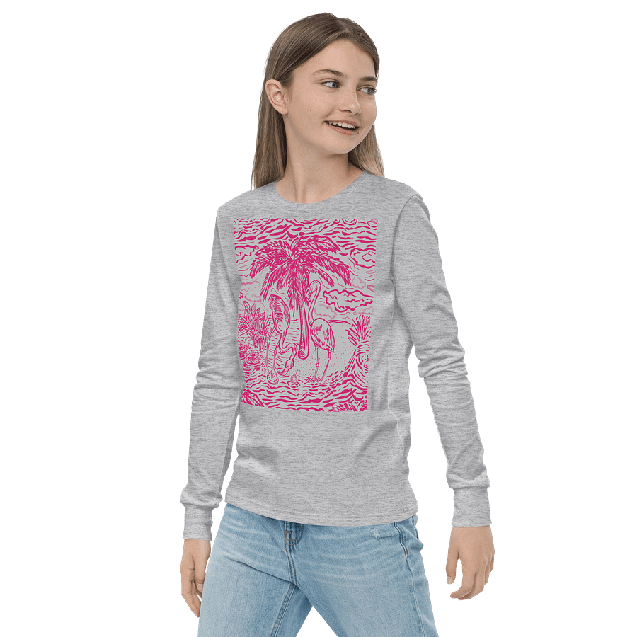 Girls’ | Youth Long Sleeve Tee | DTG Vintage Print | Pink on Grey Flamingo Fancy Toile Design | Monique Faella Designs™ | Tropical Whimsy with Coastal Charm product image (3)