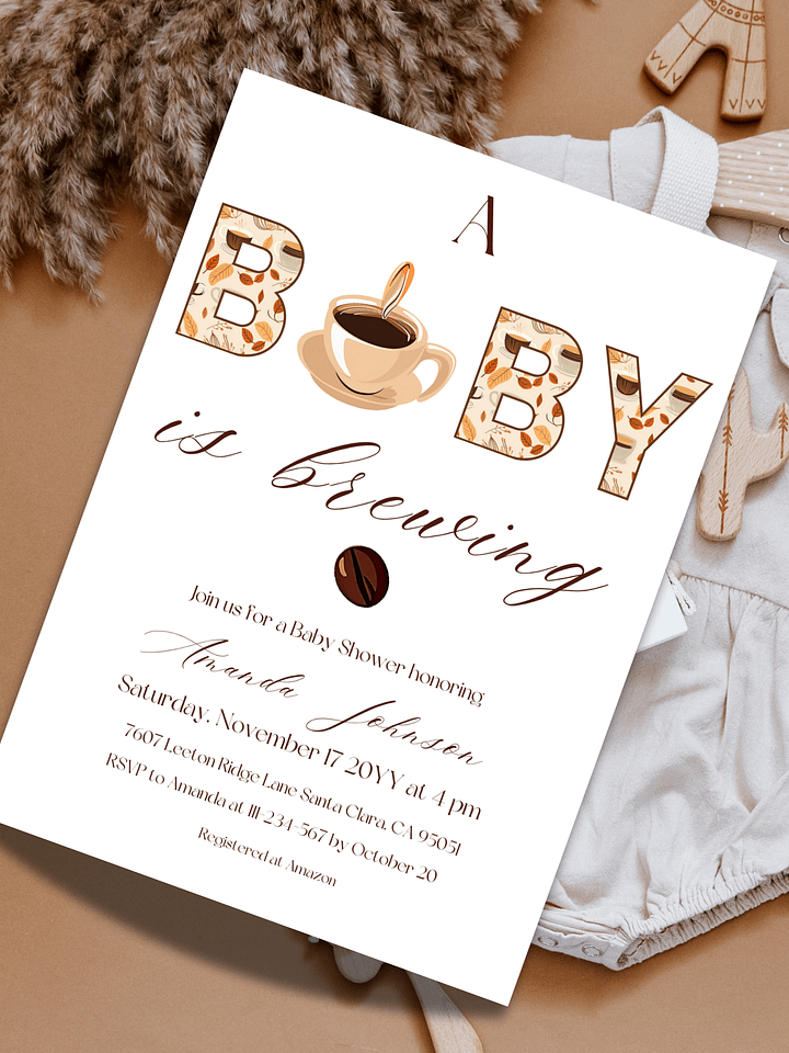 Coffee Themed Baby Shower Invitation, Rustic Brown and Beige Baby Shower Party, A Baby is Brewing Brunch Invitation, Digital Download product image (1)