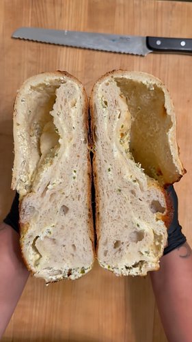 Asiago Sourdough + Jalapeño Cream Cheese

I learned a lesson with this one! Pop the big bubble on top before baking! This sti...