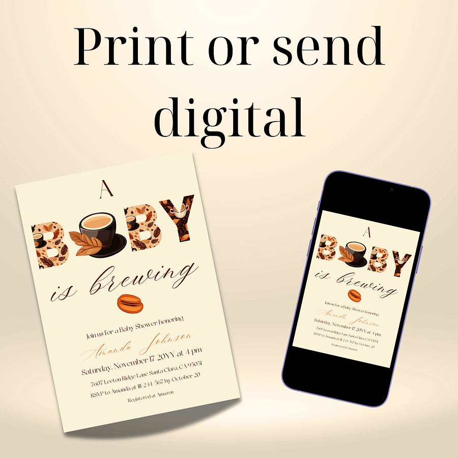 Coffee Baby Shower Invitation, Rustic Beige Baby Shower Party, A Baby is Brewing Themed Brunch Invite, Digital Download Canva Template product image (9)