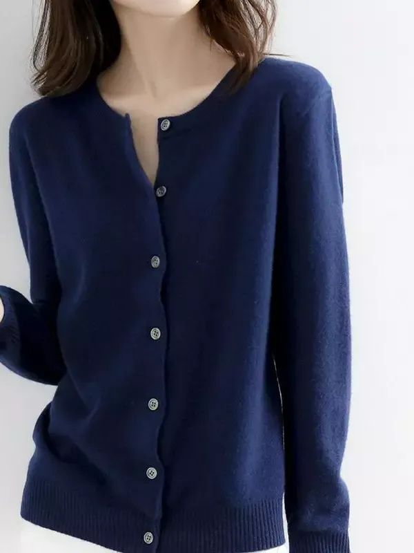 Women's Cashmere Blend Cardigan Sweater Solid Color Simple Crew Neck Jacket Coat product image (3)