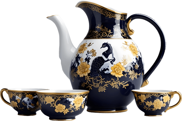 Chinese Porcelain Tea Set with Golden Peacock Motif PNG product image (1)