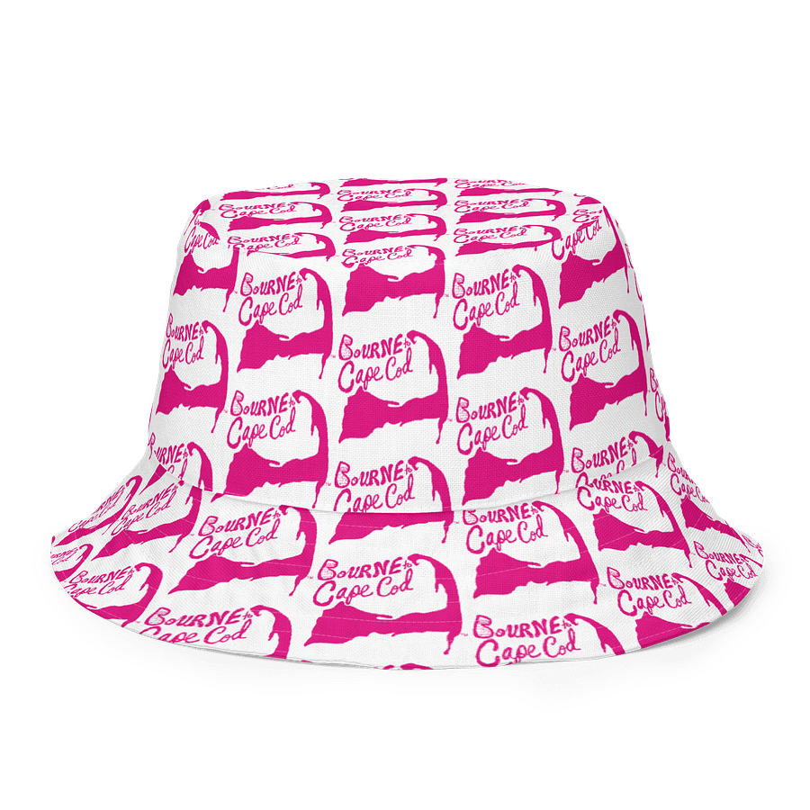 Adults Unisex | Reversible Bucket Hat | BOURNE to Cape Cod™ x BRN.2C.C.™ All-Over Logo Print | Coastal Style Sun Hat | Vibrant Pink & White product image (1)