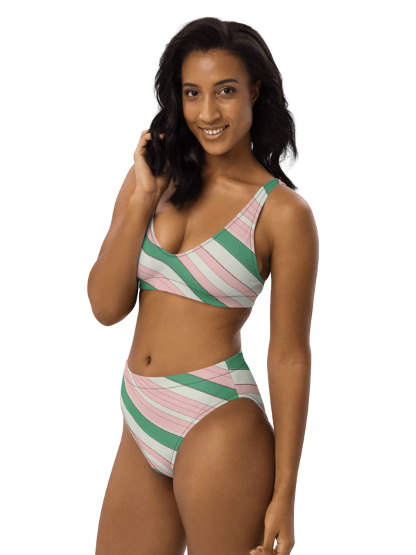 Diagonal Resort Stripes Green and Pink High-Waisted Bikini product image (5)