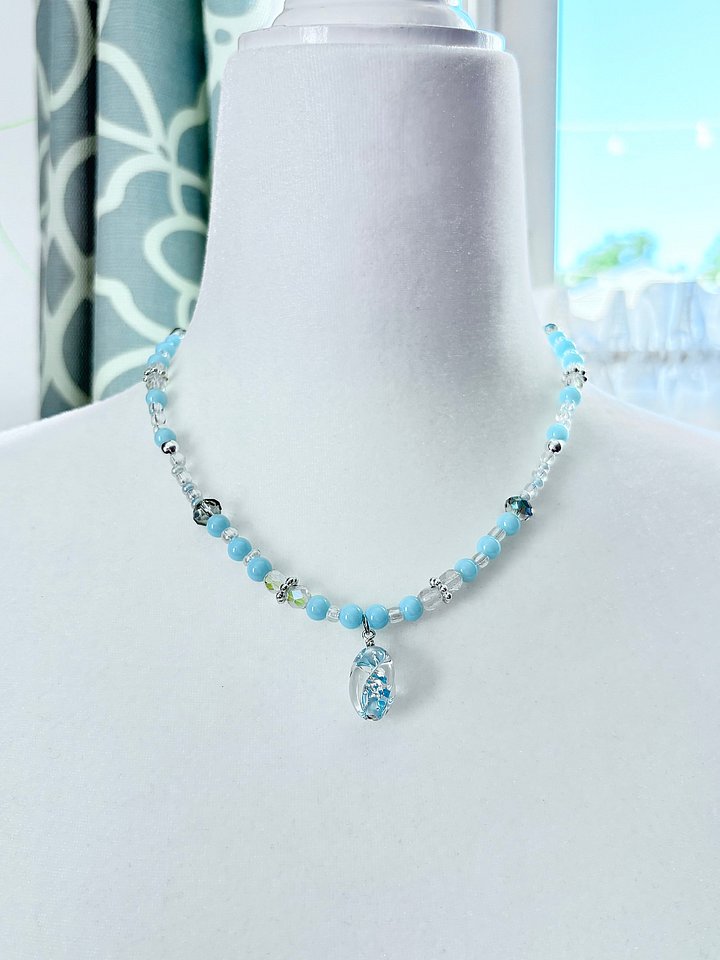 Something Blue by the Sea | Ocean Inspired Glass Beads & Silver-Fleck Charm Necklace | Handmade | Coastal Charm Jewelry by Monique Faella Designs™ | MFD-00025 product image (1)