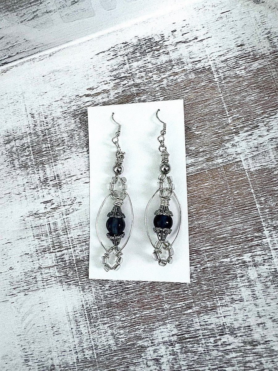 Handmade Ornate Silver-Tone & Dark Blue Bead Earrings | Monique Faella Designs™ | MFD-00126 product image (2)