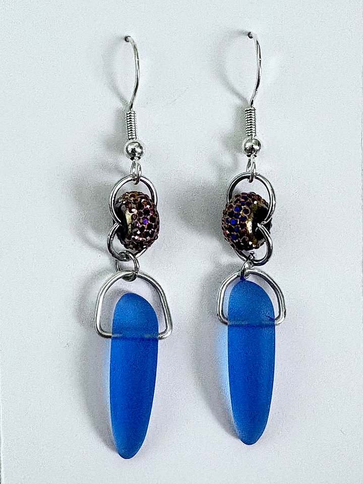 Sea Glass Drop Earrings | Medium Blue & Blush-Tone Sparkle Beads | Handmade Coastal Charm Jewelry by Monique Faella Designs™ | MFD-00111 product image (2)