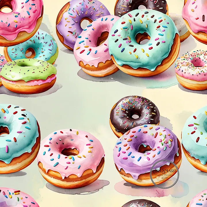 Seamless Pattern - Pastel Sprinkled Donuts on a Watercolor Background product image (1)