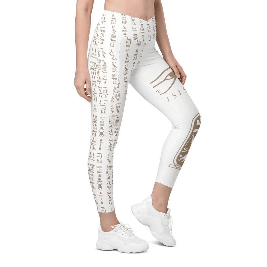 Nefertiti White Hieroglyphs All-Over Print Crossover Leggings with Pockets product image (4)