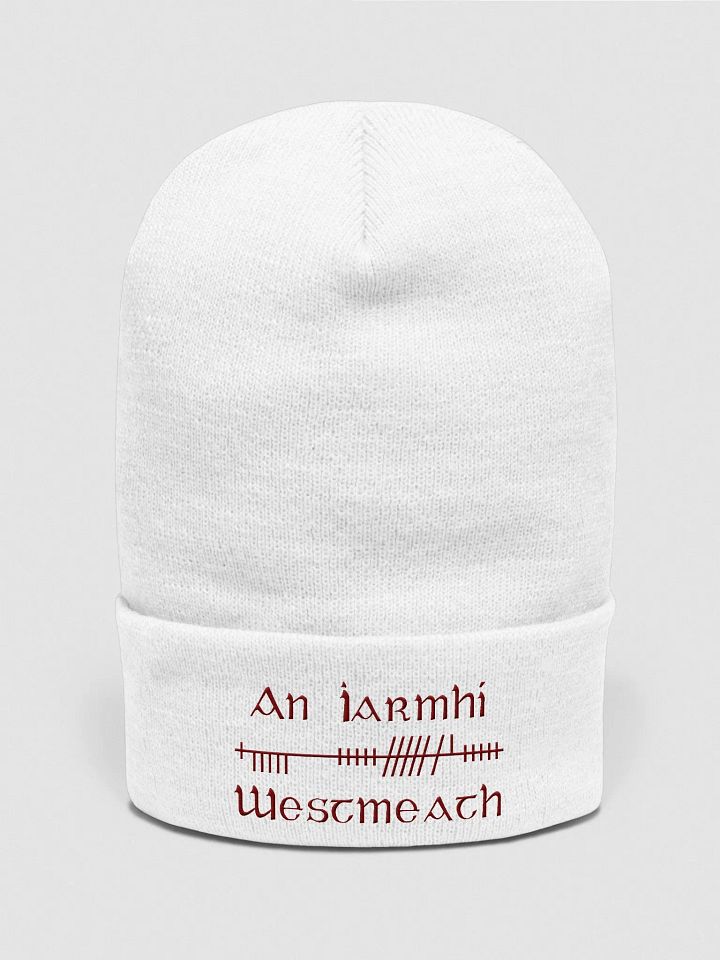 Westmeath/An Iarmhí Orthodox style Ogham, white with maroon, embroidered Cuffed Beanie product image (1)