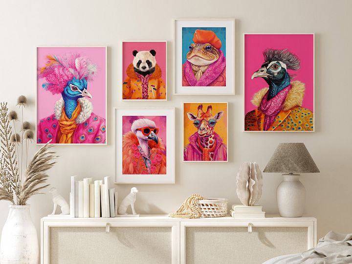 Colorful Animal Fashion Art DIGITAL Print Set of 6 ~Peacock, Panda, Giraffe, Toad, Flamingo~ product image (1)