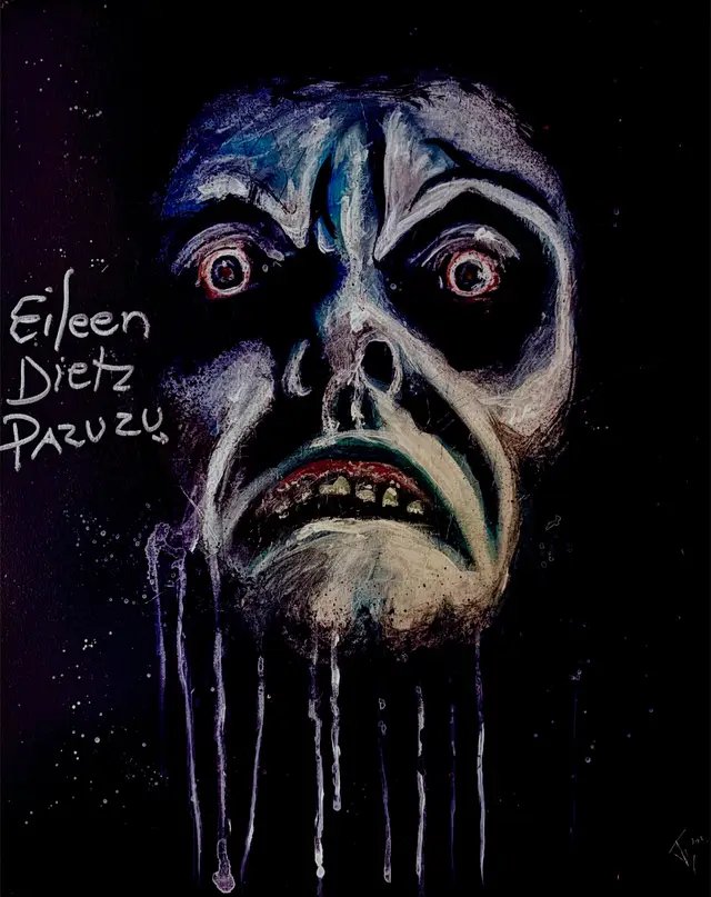 First is the wonderful Eileen Dietz, the face of Pazuzu from the iconic movie “The Exorcist”. She was very, very sweet. She even said she liked my painting over some of the prints she had, which was so cool to hear! If I could somehow reach out to her, I would give her the image to print and sign, to give out autographs to. I did that with Teri McMinn from Texas Chainsaw Massacre and Chris Fehn from Slipknot. I’ll try Instagram message to reach out to her. Then we have the fabulous Johnny Franklin, who played Isaac in Children of the Corn AND believe it or not, Cousin ITT from the 90s Addams Family movies! Someone bought the Isaac painting I made and he signed that to them as well. Very sweet guy, I was the most nervous around him for some reason! He’s a guy that typically does a lot of Cons and meet and greets, and I always wanted to bump into him. And I finally did! Honorable mention, no autograph for me, but something maybe EVEN cooler! Teri McMinn, the girl who’s on the swing, gets man handled by Leatherface and thrown on a hook in, you guessed it, Texas Chainsaw Massacre. Shared my painting on Facebook AND Instagram, and helped get them a ton of views. I had a fun talk with her too (she’s NOT a fan of Tobe Hooper, for good reason too), and wasn’t afraid to let everyone know! So now, like I said before, she has the painting to make small prints for people to buy and have her sign. Sooo awesome! #celebs  #celebrities #horrormovies #autographs #horrorcon 