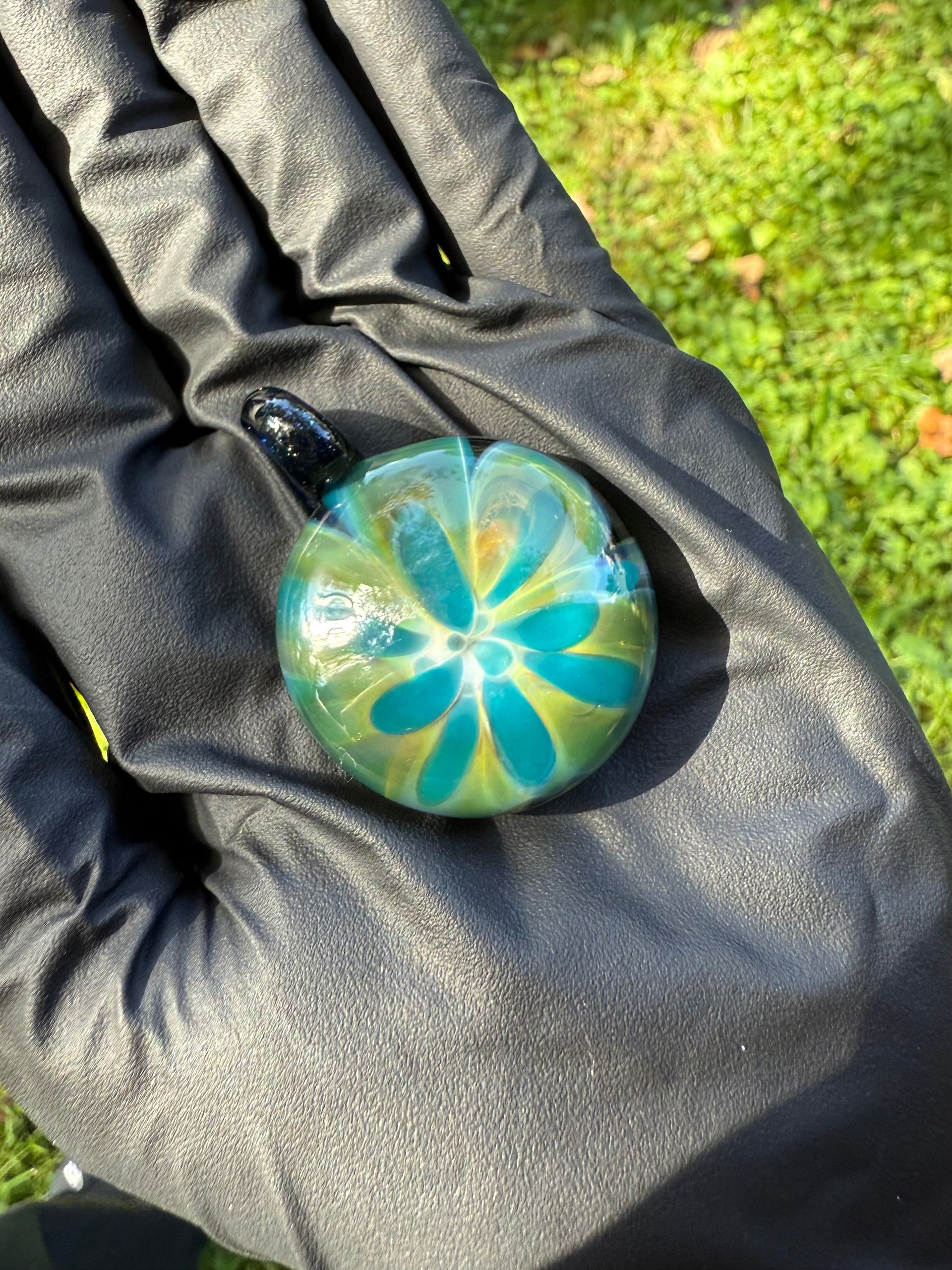 Large Teal and Rainbow Flower Pendant product image (1)