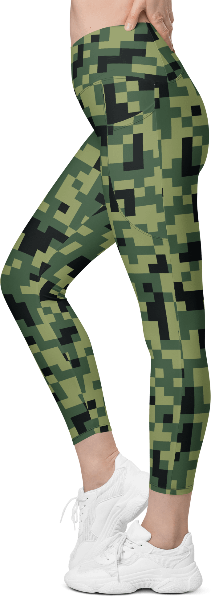 Military Green Camouflage Pixels Camo Pattern Crossover Leggings with Pockets product image (3)