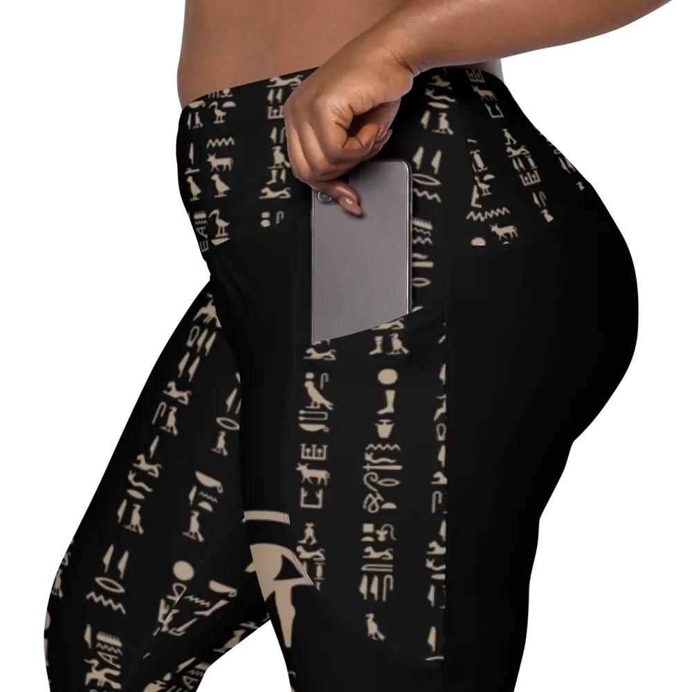 Nefertiti Black Hieroglyphs All-Over Print Crossover Leggings with Pockets product image (7)