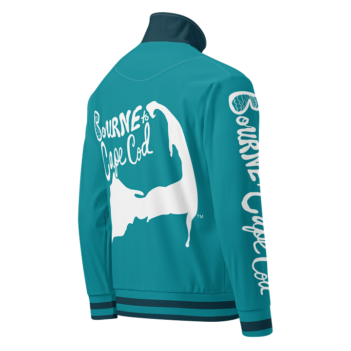 All-Over Print Recycled Track Jacket | Coastal Chill Meets Street Thrill | BOURNE to Cape Cod™ + BRN.2C.C.™ | White Logos on Blue Stripes product image (2)