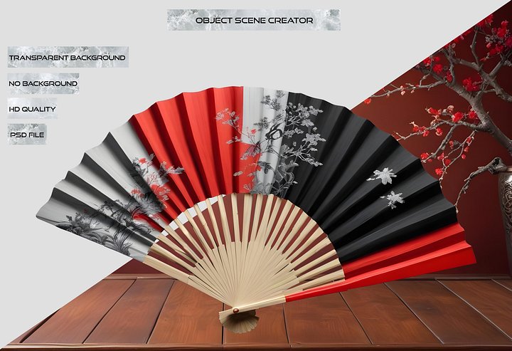Traditional Chinese Fan – Red, Black, and White Harmony PNG product image (2)