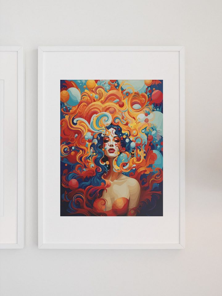 Fiery Autumn Goddess Art Poster, Vivid Orange and Blue Fantasy Woman, Whimsical Surreal Portrait for Enchanting Home Decor product image (1)