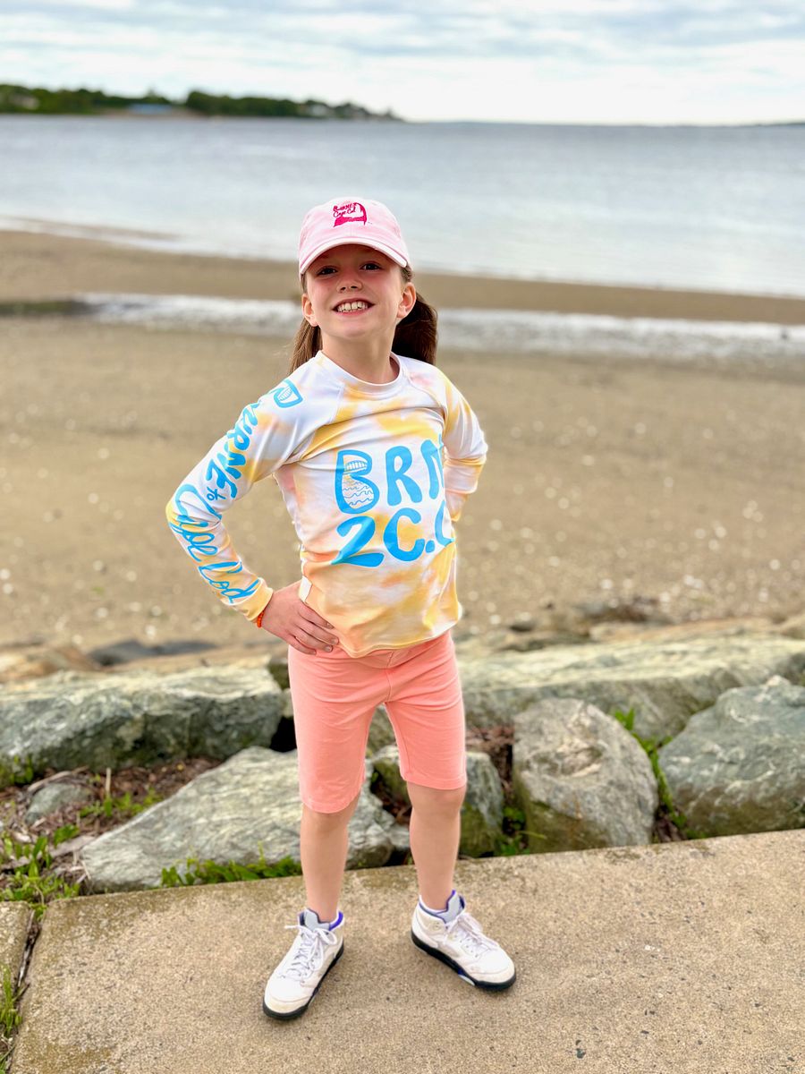 YOUTH | Rash Guard | BRN.2C.C.™ Front Graphic | BOURNE to Cape Cod™ Sleeve & Back Logo | Coastal Swim Shirt for Kids | UV Protection Activewear | Blue Logo on Orange Tie-Dye product image (1)