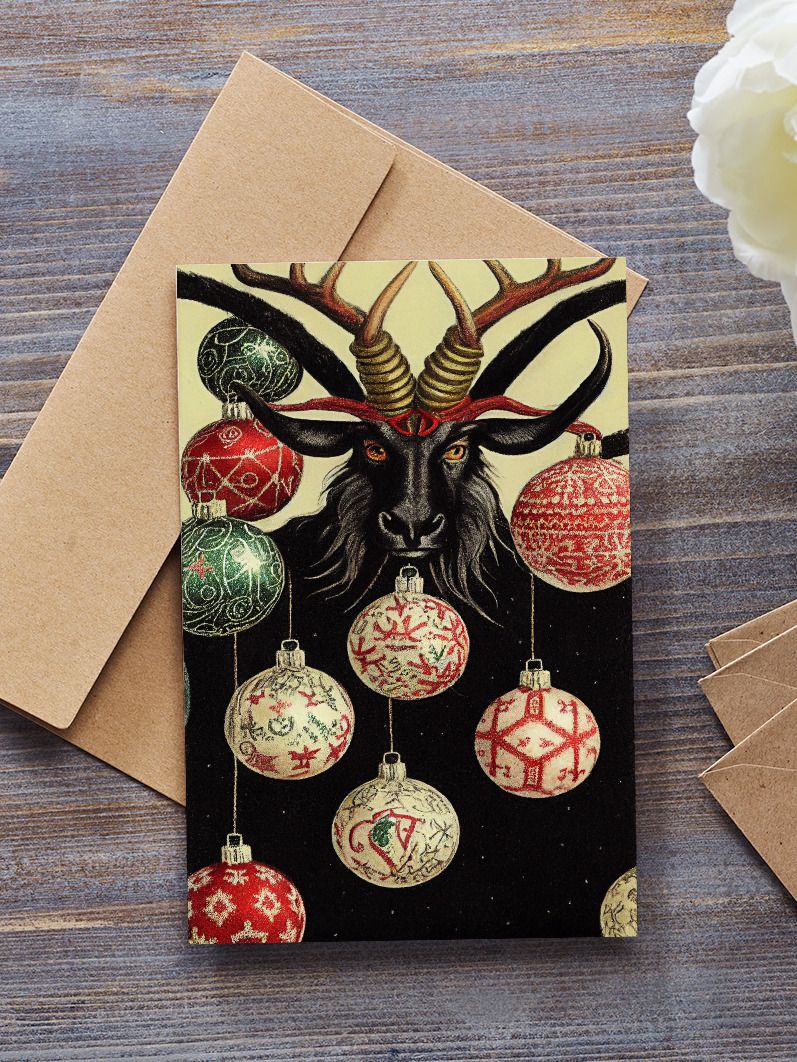 Vintage Horned Black Goat with Baubles Ugly Sweater Christmas Cards Pack of 10 • 5×7 product image (1)