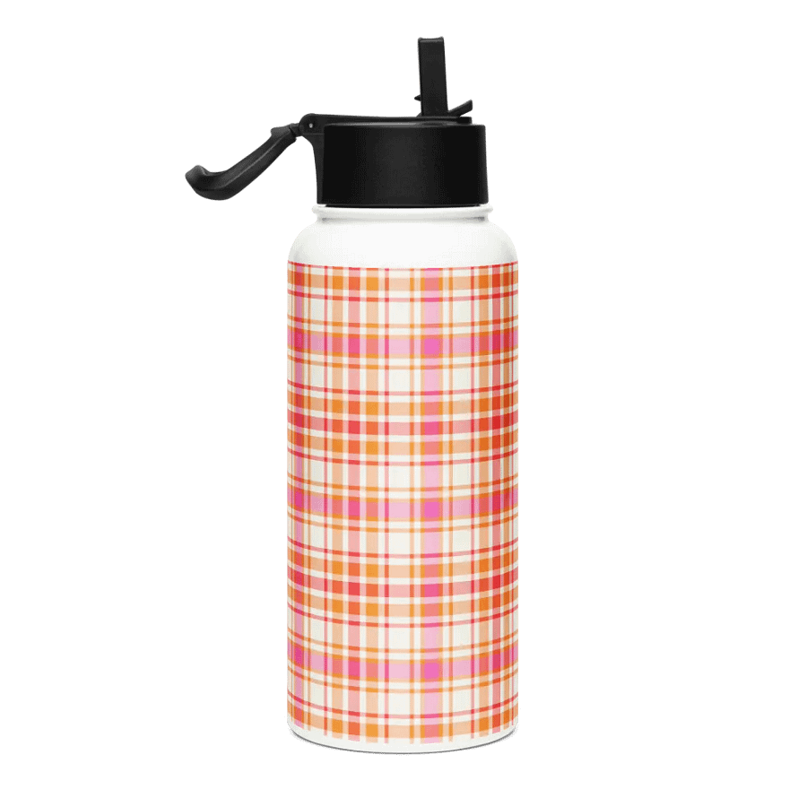 Orange and Hot Pink Plaid Water Bottle product image (1)
