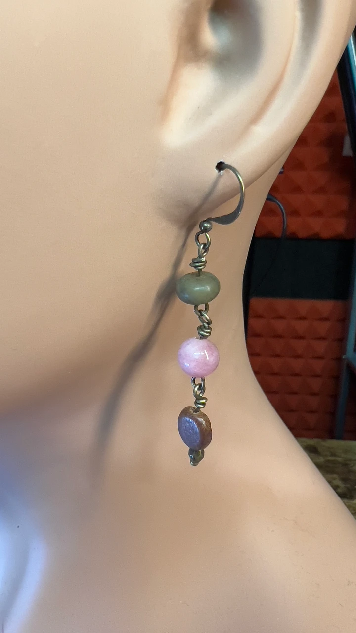 Earrings - Soocho Jade, Pink Agate, Wood Beads, and Faceted Pyrite - Hand-made by JB product image (2)