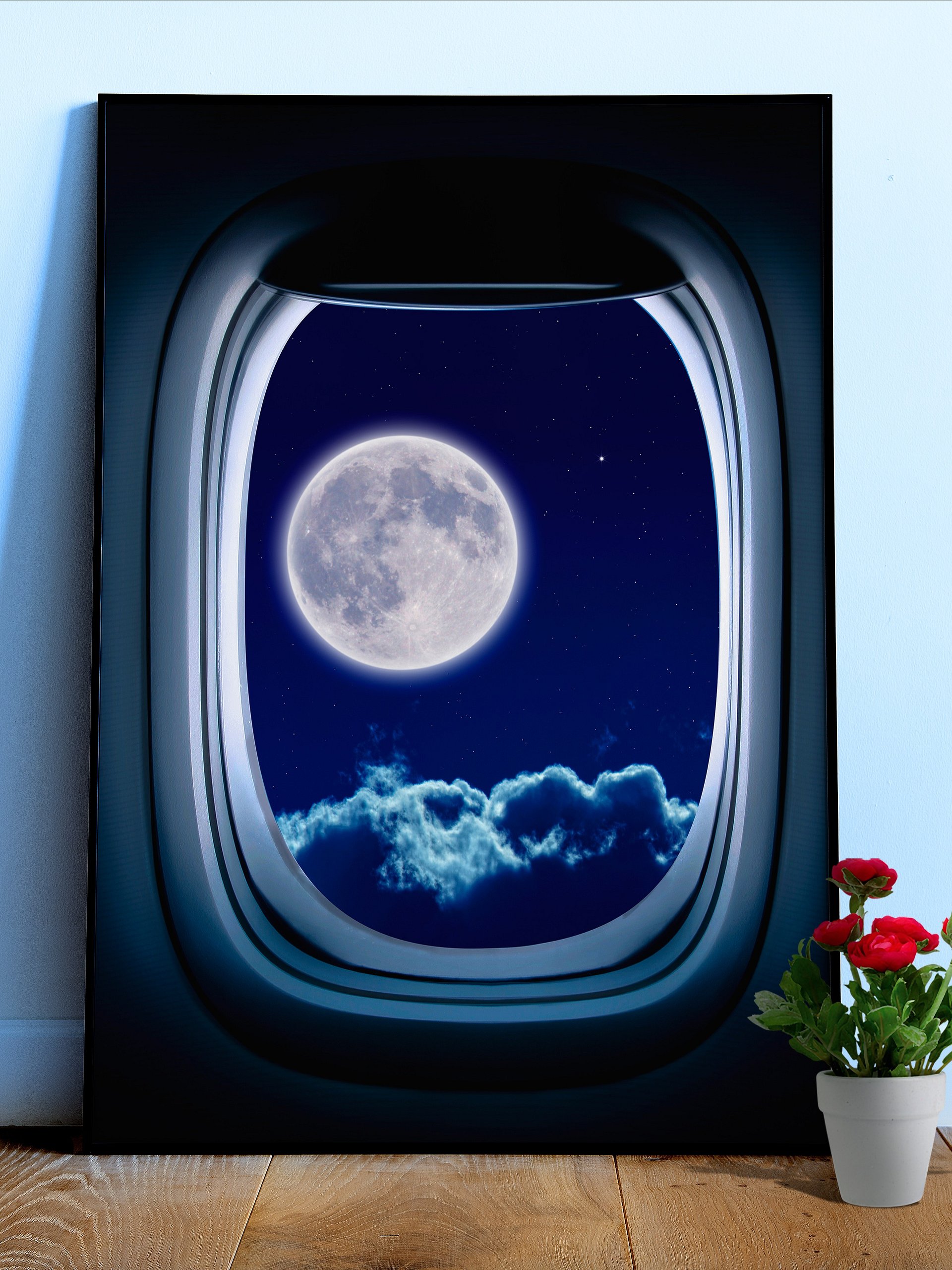 Airplane porthole/window and Moon — Photo paper glossy poster. Space poster, space print, travel gift product image (1)