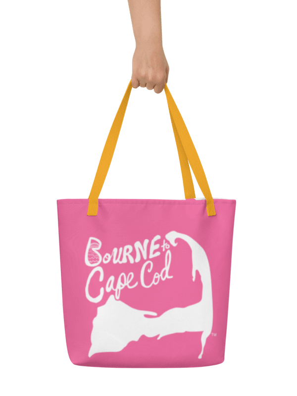 BOURNE to Cape Cod™ | Large Tote Bag with Pocket | Coastal Classic | All-Over Logo Print | White Logo on Brilliant Rose product image (1)