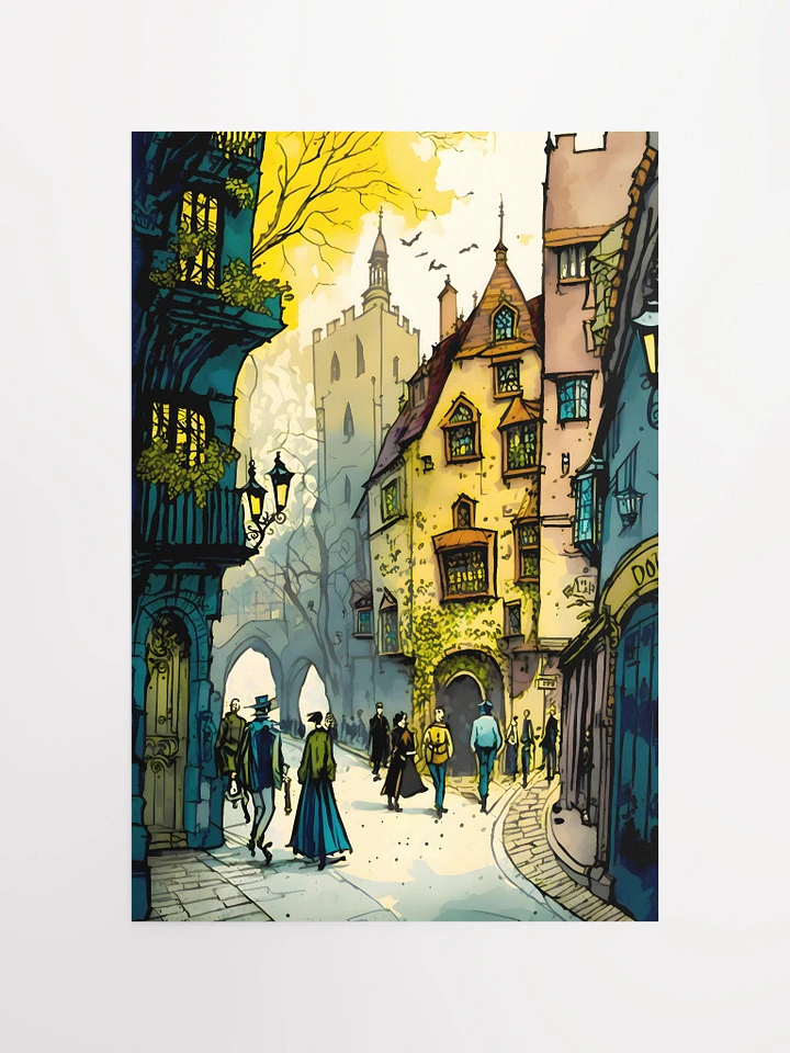 Medieval London Street Scene with Townsfolk Illustration Matte Poster product image (2)
