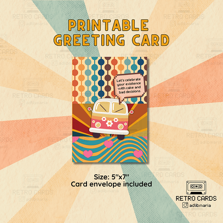Printable Birthday Card Retro Greeting Card Let's Celebrate with Envelope product image (1)