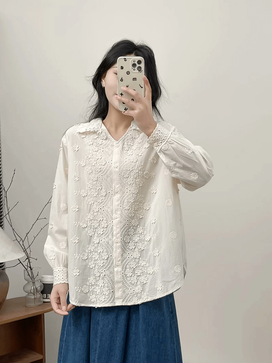 Three-dimensional Flower Embroidered Lapel Single-breasted Long Sleeve Shirt For Women product image (10)