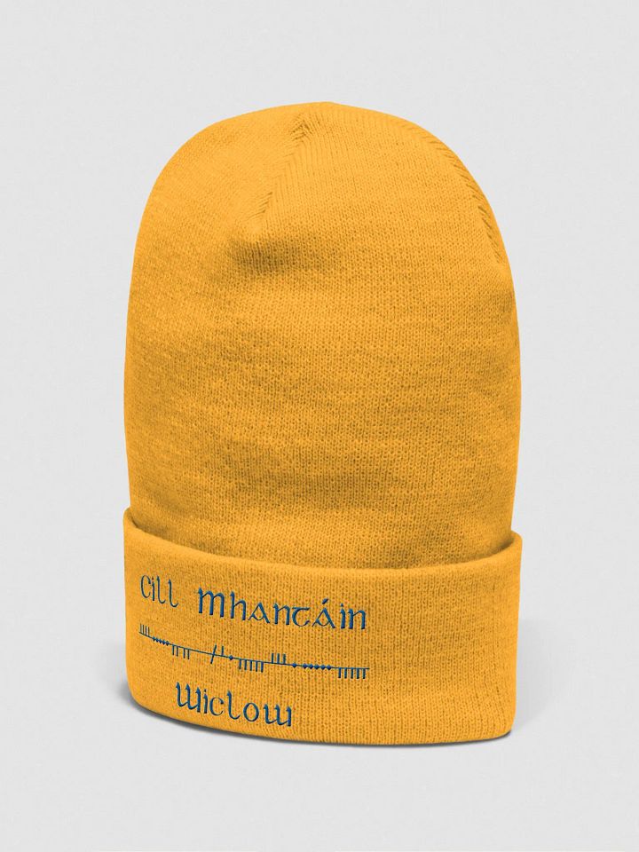 Wicklow/Cill Mhantáin Scholastic style Ogham, gold with blue, embroidered Cuffed Beanie product image (2)