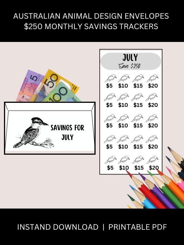 Australian Wildlife Cash Envelope System with Monthly $250 Savings Tracker – Set of 12 product image (1)