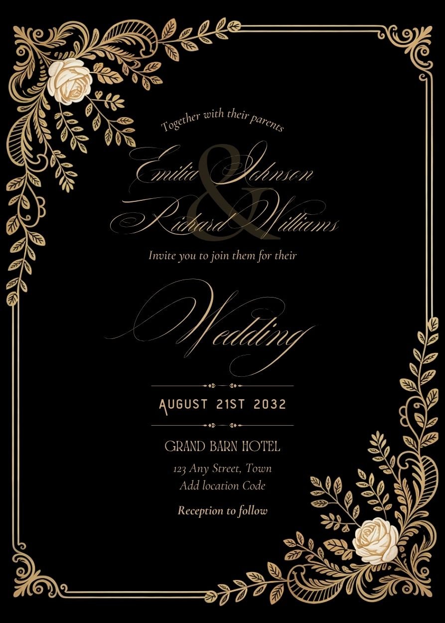 Editable Vintage Wedding Invitations | Edit in Canva | Instant Download Template | Black Gold Floral Rose product image (2)